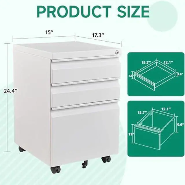 Alt view image 3 of 7 - 3 Drawer Mobile File Cabinet with Lock, Under Desk Metal Rolling Filing Cabinets for Home Office Organizer Letters/Legal/A4 (White- Requires Installation) (White)