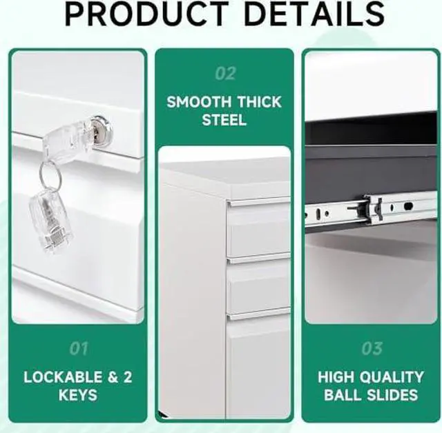 Alt view image 5 of 7 - 3 Drawer Mobile File Cabinet with Lock, Under Desk Metal Rolling Filing Cabinets for Home Office Organizer Letters/Legal/A4 (White- Requires Installation) (White)