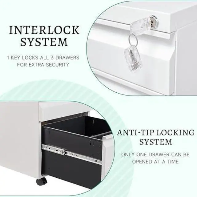 Alt view image 6 of 7 - 3 Drawer Mobile File Cabinet with Lock, Under Desk Metal Rolling Filing Cabinets for Home Office Organizer Letters/Legal/A4 (White- Requires Installation) (White)