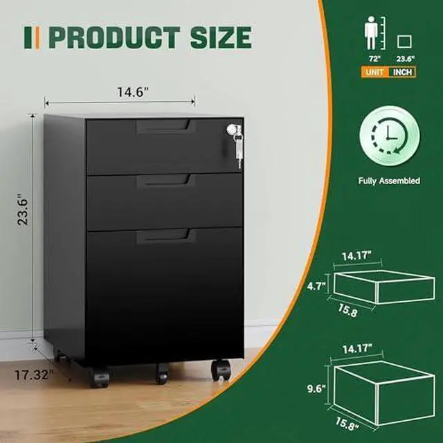 Alt view image 3 of 7 - 3 Drawer Mobile File Cabinet with Lock,Under Desk Metal Small Filing Cabinets for Home Office Organizer Letters/Legal/A4(Fully Assembled Except Wheels-Black)