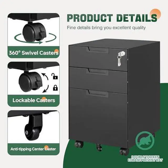Alt view image 4 of 7 - 3 Drawer Mobile File Cabinet with Lock,Under Desk Metal Small Filing Cabinets for Home Office Organizer Letters/Legal/A4(Fully Assembled Except Wheels-Black)