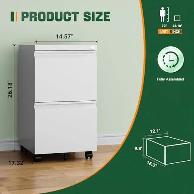 Alt view image 3 of 7 - 2 Drawer Mobile File Cabinet with Lock,Under Desk Metal Filing Cabinets for Home Office Organizer Letters/Legal/A4(Fully Assembled-White)
