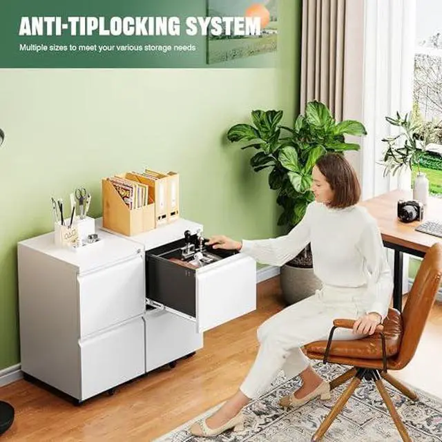 Alt view image 4 of 7 - 2 Drawer Mobile File Cabinet with Lock,Under Desk Metal Filing Cabinets for Home Office Organizer Letters/Legal/A4(Fully Assembled-White)