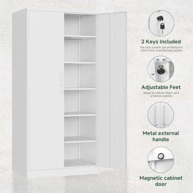 Alt view image 5 of 7 - Metal Storage Cabinet with Lock Door Adjustable Shelf,72" Steel Lockers for Office, Home,School,Kitchen,Garage Tool Utility Cabinet (2 Door-White)