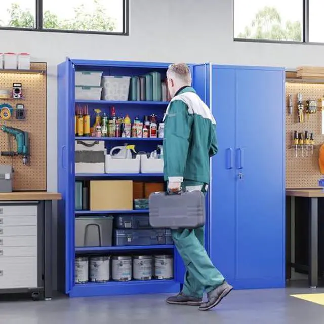 Alt view image 2 of 7 - Metal Garage Storage Cabinets with Lock Door and Adjustable Shelves, Steel Tool Cabinets for Home,Office,Warehouse Organisieren (Blue)