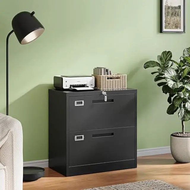 Alt view image 2 of 7 - 2 Drawer File Cabinets with Lock,Metal Lateral Filing Storage Cabinet Printer Stand,Black Steel Home Office Cabinet for Hanging Files Letter/Legal/A4 Size (Black, H27.95×W28.35×D15.74)
