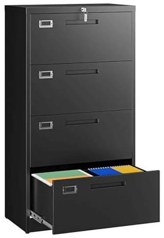 Main image of 4 Drawer File Cabinets with Lock,Metal Lateral Filing Storage Cabinet Printer Stand,Black Steel Home Office Cabinet for Hanging Files Letter/Legal/A4 Size (Black, H51.73×W28.35×D15.74)