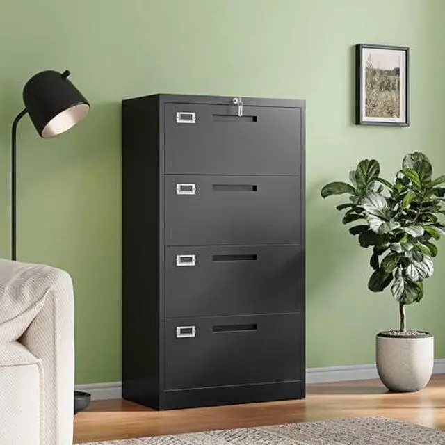 Alt view image 2 of 7 - 4 Drawer File Cabinets with Lock,Metal Lateral Filing Storage Cabinet Printer Stand,Black Steel Home Office Cabinet for Hanging Files Letter/Legal/A4 Size (Black, H51.73×W28.35×D15.74)