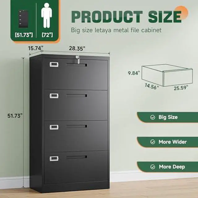 Alt view image 3 of 7 - 4 Drawer File Cabinets with Lock,Metal Lateral Filing Storage Cabinet Printer Stand,Black Steel Home Office Cabinet for Hanging Files Letter/Legal/A4 Size (Black, H51.73×W28.35×D15.74)