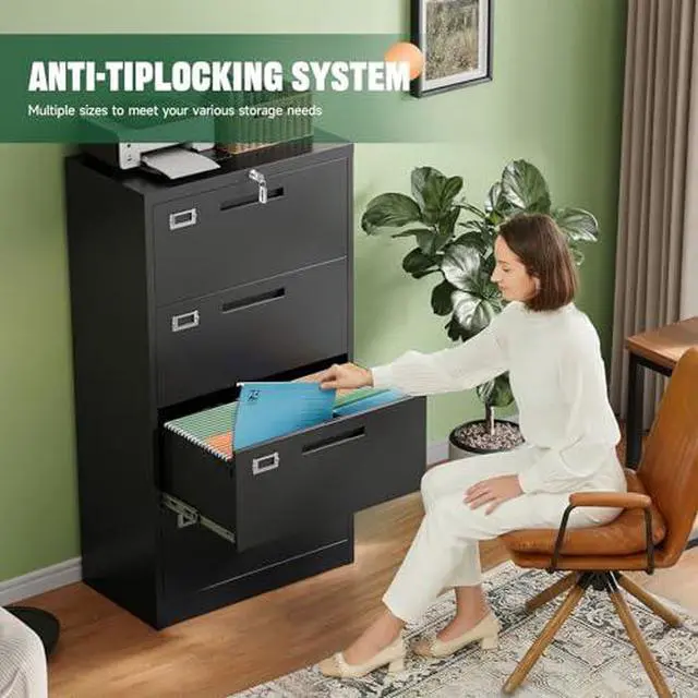 Alt view image 4 of 7 - 4 Drawer File Cabinets with Lock,Metal Lateral Filing Storage Cabinet Printer Stand,Black Steel Home Office Cabinet for Hanging Files Letter/Legal/A4 Size (Black, H51.73×W28.35×D15.74)