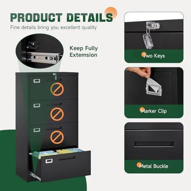 Alt view image 6 of 7 - 4 Drawer File Cabinets with Lock,Metal Lateral Filing Storage Cabinet Printer Stand,Black Steel Home Office Cabinet for Hanging Files Letter/Legal/A4 Size (Black, H51.73×W28.35×D15.74)