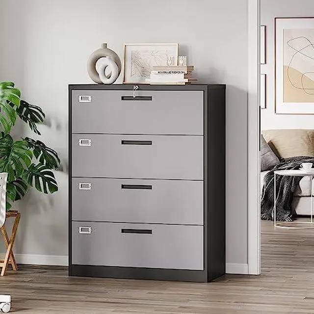 Alt view image 2 of 7 - 4 Drawer Lateral Metal Filing Cabinet with Lock-File Cabines-Organization Storage Cabinets for Home Office-Hanging Letter/Legal/F4/A4 Size (4 Drawer-Grey Black)