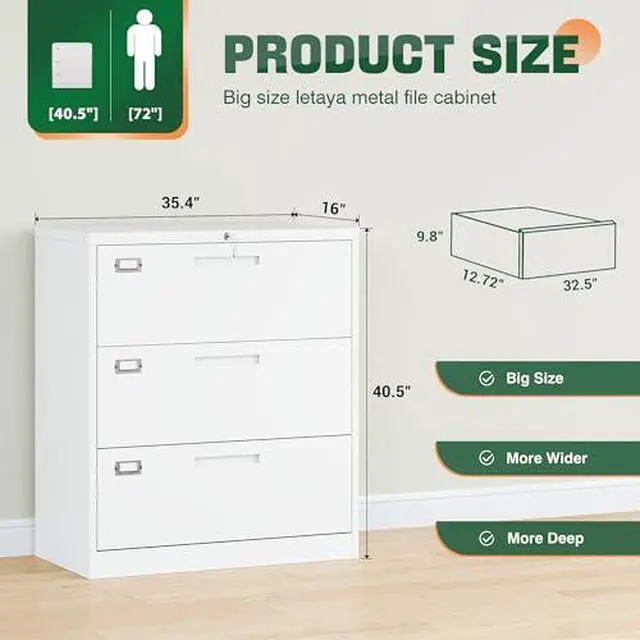 Alt view image 2 of 6 - 3 Drawer File Cabinets with Lock,Metal Lateral Filing Cabinets for Home Office Organization Hanging Storage Letter/Legal/F4/A4(Assembly Required)