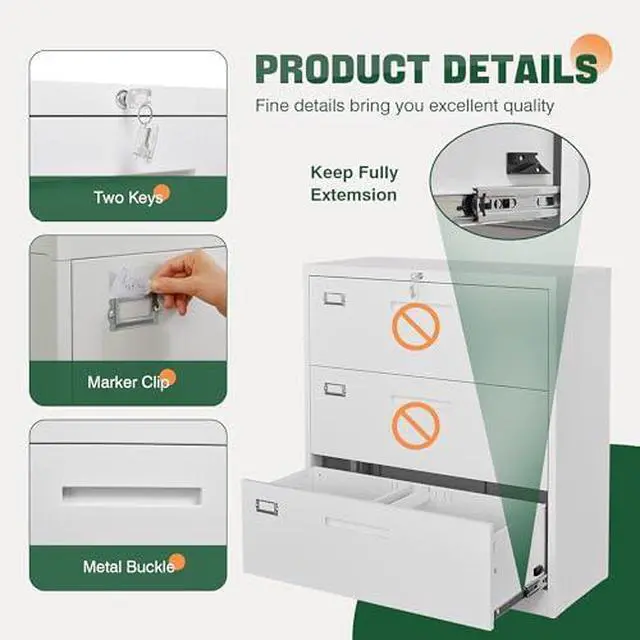 Alt view image 6 of 6 - 3 Drawer File Cabinets with Lock,Metal Lateral Filing Cabinets for Home Office Organization Hanging Storage Letter/Legal/F4/A4(Assembly Required)