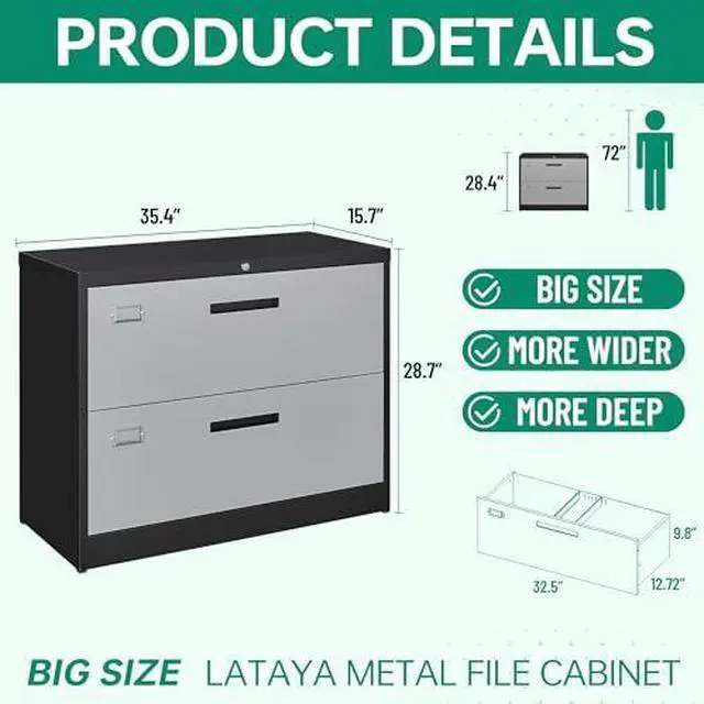 Alt view image 3 of 6 - File Cabinet with Lock-Lateral 2 Drawer Metal Filing Cabinets-Organization Storage Cabinets for Home Office-Hanging Letter/Legal/F4/A4 Size (2 Drawer-Grey Black)
