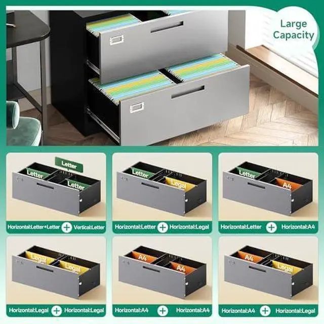 Alt view image 5 of 6 - File Cabinet with Lock-Lateral 3 Drawer Metal Filing Cabinets-Organization Storage for Home Office-Hanging Letter/Legal/F4/A4 Size (Grey Black)