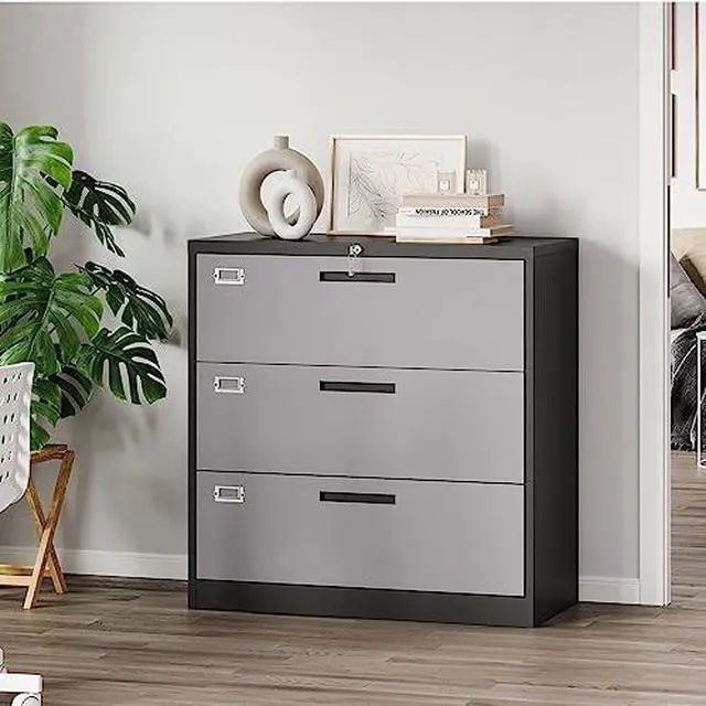 Alt view image 2 of 6 - File Cabinet with Lock-Lateral 3 Drawer Metal Filing Cabinets-Organization Storage for Home Office-Hanging Letter/Legal/F4/A4 Size (Grey Black)