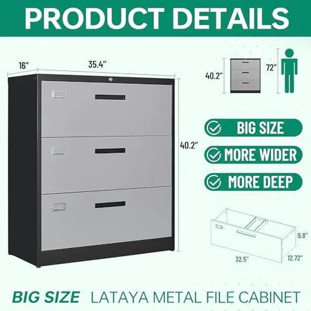 Alt view image 3 of 6 - File Cabinet with Lock-Lateral 3 Drawer Metal Filing Cabinets-Organization Storage for Home Office-Hanging Letter/Legal/F4/A4 Size (Grey Black)