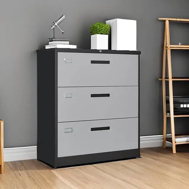 Alt view image 6 of 6 - File Cabinet with Lock-Lateral 3 Drawer Metal Filing Cabinets-Organization Storage for Home Office-Hanging Letter/Legal/F4/A4 Size (Grey Black)
