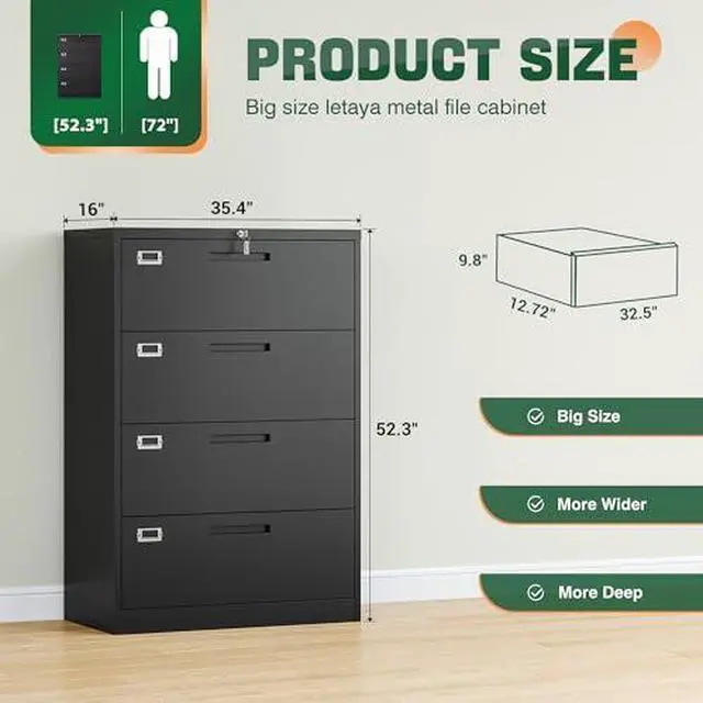 Alt view image 3 of 6 - File Cabinets,4 Drawer Metal Lateral Filing Organization Storage Cabinets with Lock,Home Office for Hanging Files Letter/Legal/F4/A4 Size (Require Assembly)