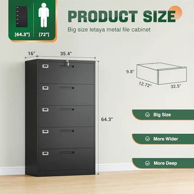 Alt view image 3 of 6 - 5 Drawer File Cabinet with Lock,Metal Lateral Filing Cabinets for Home Office Hanging Files Letter/Legal/F4/A4 Size(Black-Requires Installation)