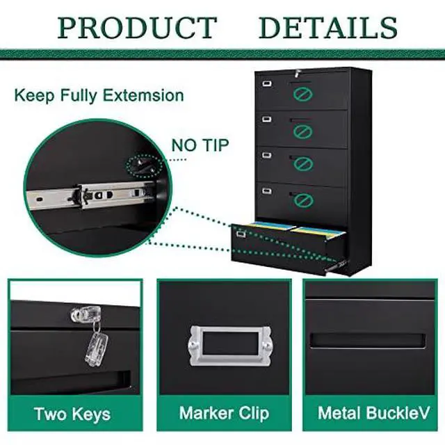 Alt view image 4 of 6 - 5 Drawer File Cabinet with Lock,Metal Lateral Filing Cabinets for Home Office Hanging Files Letter/Legal/F4/A4 Size(Black-Requires Installation)