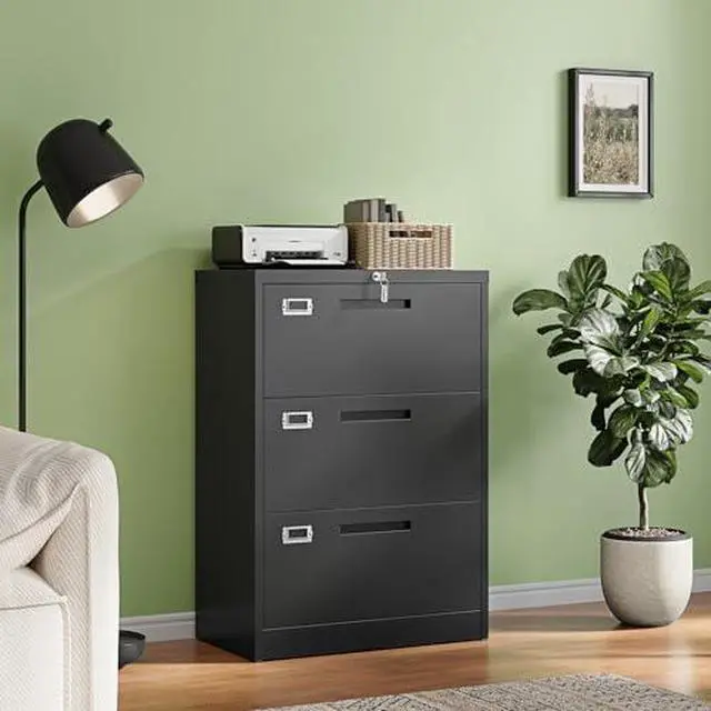 Alt view image 2 of 7 - 3 Drawer File Cabinets with Lock,Metal Lateral Filing Storage Cabinet Printer Stand,Black Steel Home Office Cabinet for Hanging Files Letter/Legal/A4 Size (Black, H39.84×W28.35×D15.74)