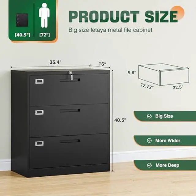 Alt view image 3 of 6 - Lateral 3 Drawer File Cabinets with Lock, Metal Filing Storage Vertical Cabinets,Home Office Furniture for Organization Hanging Letter/Legal/F4/A4(Black)