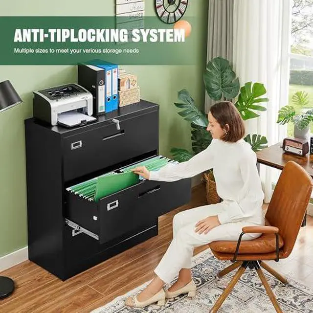 Alt view image 4 of 6 - Lateral 3 Drawer File Cabinets with Lock, Metal Filing Storage Vertical Cabinets,Home Office Furniture for Organization Hanging Letter/Legal/F4/A4(Black)