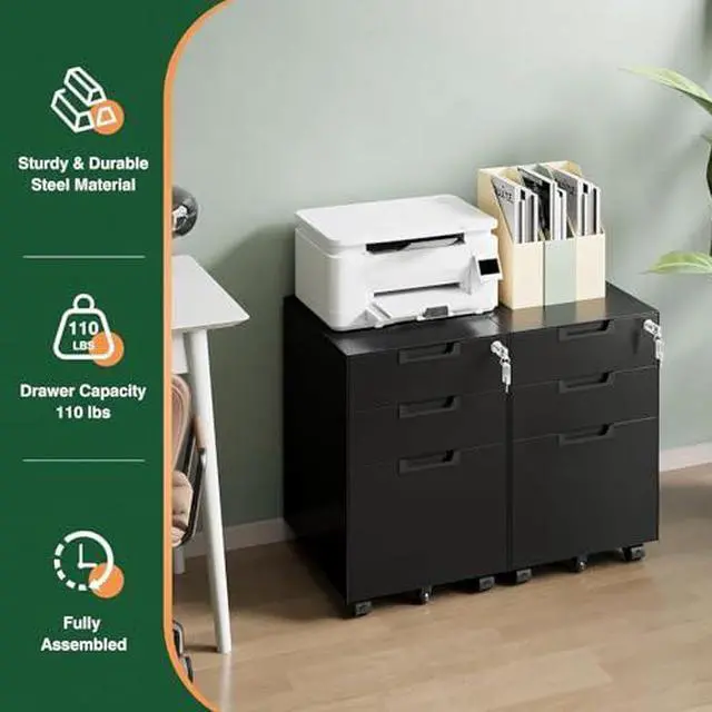 Alt view image 5 of 7 - 3 Drawer Mobile File Cabinet with Lock,Under Desk Metal Small Filing Cabinets for Home Office Organizer Letters/Legal/A4(Fully Assembled Except Wheels-Black)