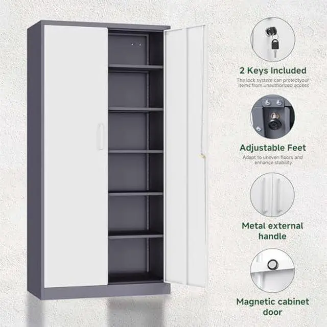 Alt view image 5 of 7 - Metal Storage Cabinet with Lock Door, 71" Adjustable Shelf Steel Lockers for Office, Home,School,Garage Utility Tool Cabinet (2 Door-White&Gray)