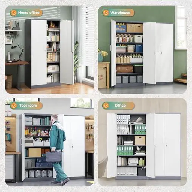 Alt view image 6 of 7 - Metal Storage Cabinet with Lock Door, 71" Adjustable Shelf Steel Lockers for Office, Home,School,Garage Utility Tool Cabinet (2 Door-White&Gray)
