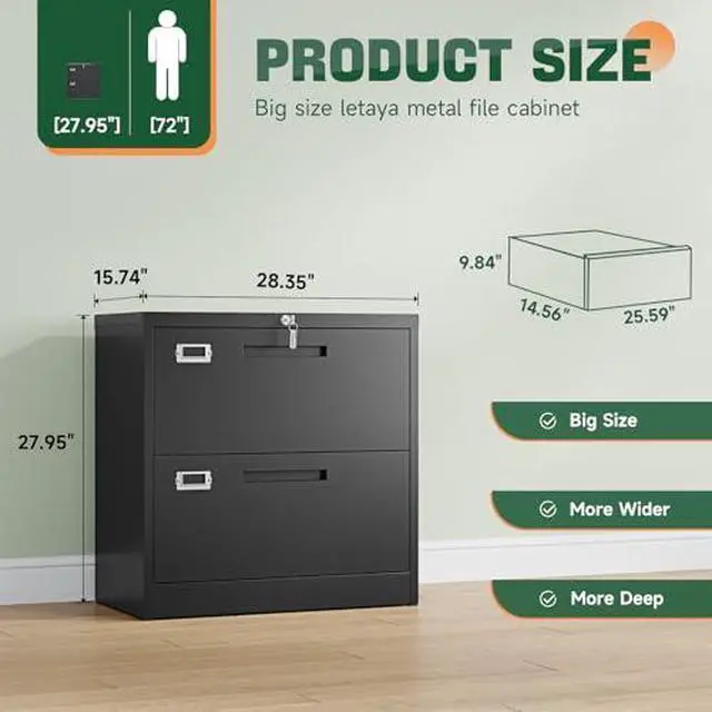 Alt view image 3 of 7 - 2 Drawer File Cabinets with Lock,Metal Lateral Filing Storage Cabinet Printer Stand,Black Steel Home Office Cabinet for Hanging Files Letter/Legal/A4 Size (Black, H27.95×W28.35×D15.74)