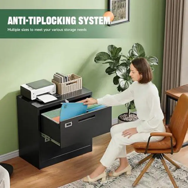 Alt view image 4 of 7 - 2 Drawer File Cabinets with Lock,Metal Lateral Filing Storage Cabinet Printer Stand,Black Steel Home Office Cabinet for Hanging Files Letter/Legal/A4 Size (Black, H27.95×W28.35×D15.74)