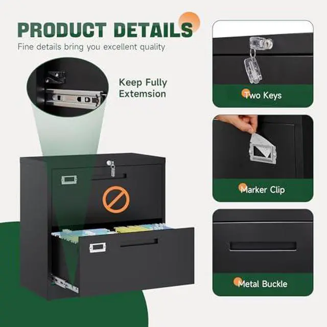 Alt view image 6 of 7 - 2 Drawer File Cabinets with Lock,Metal Lateral Filing Storage Cabinet Printer Stand,Black Steel Home Office Cabinet for Hanging Files Letter/Legal/A4 Size (Black, H27.95×W28.35×D15.74)