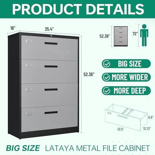Alt view image 3 of 7 - 4 Drawer Lateral Metal Filing Cabinet with Lock-File Cabines-Organization Storage Cabinets for Home Office-Hanging Letter/Legal/F4/A4 Size (4 Drawer-Grey Black)