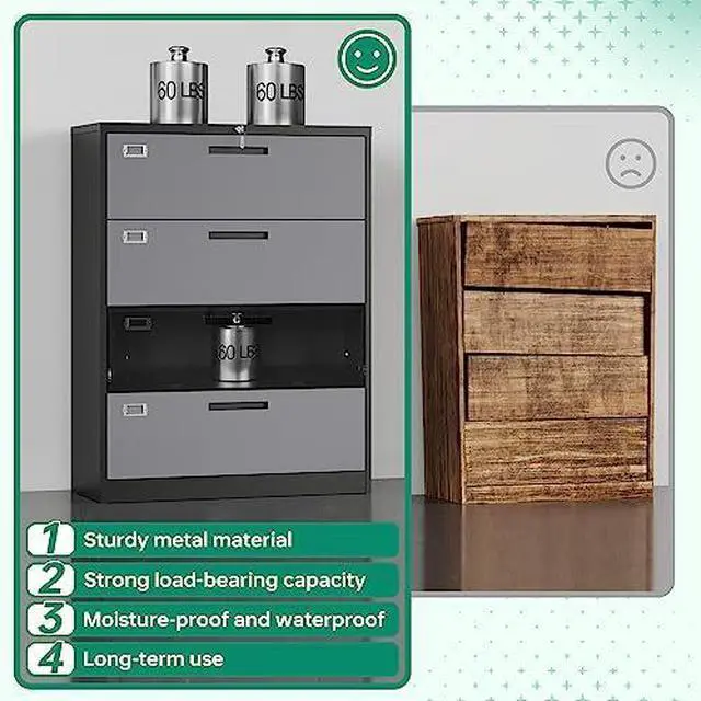 Alt view image 6 of 7 - 4 Drawer Lateral Metal Filing Cabinet with Lock-File Cabines-Organization Storage Cabinets for Home Office-Hanging Letter/Legal/F4/A4 Size (4 Drawer-Grey Black)