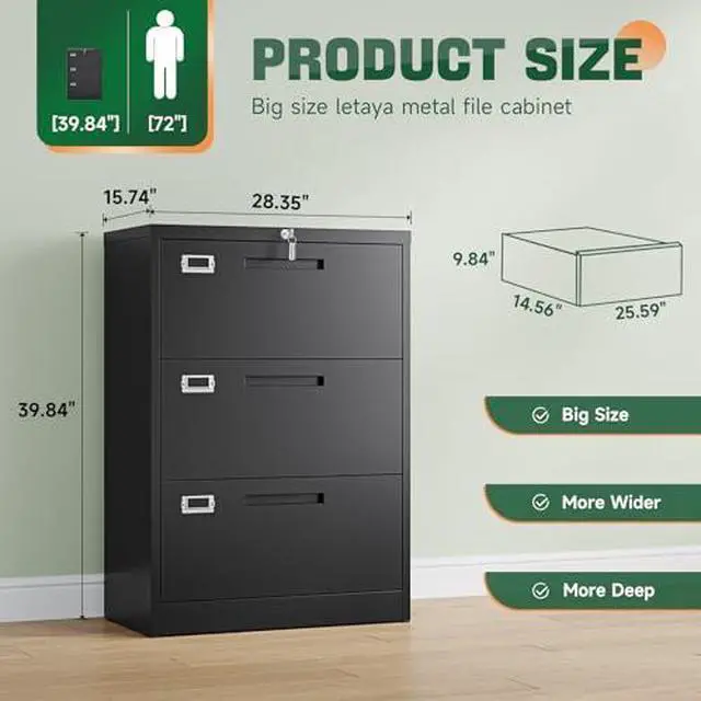 Alt view image 3 of 7 - 3 Drawer File Cabinets with Lock,Metal Lateral Filing Storage Cabinet Printer Stand,Black Steel Home Office Cabinet for Hanging Files Letter/Legal/A4 Size (Black, H39.84×W28.35×D15.74)