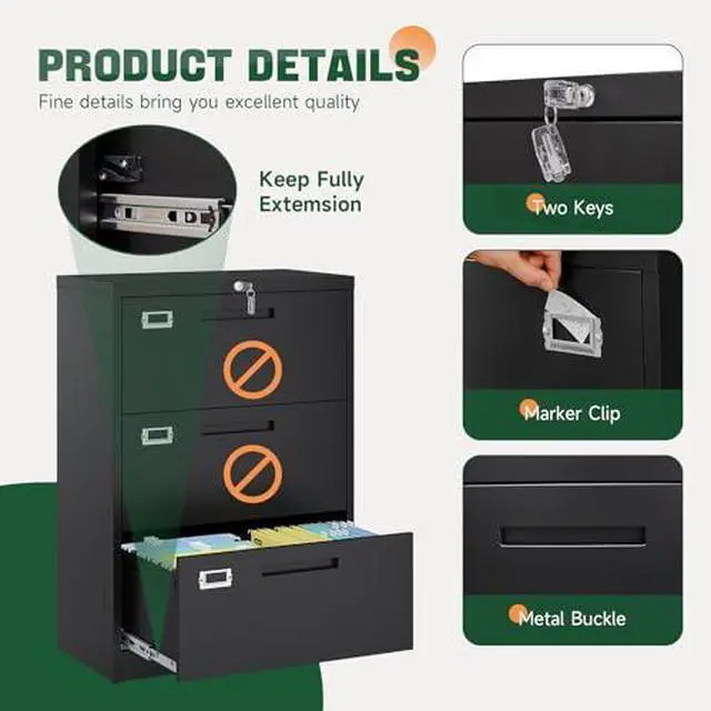 Alt view image 6 of 7 - 3 Drawer File Cabinets with Lock,Metal Lateral Filing Storage Cabinet Printer Stand,Black Steel Home Office Cabinet for Hanging Files Letter/Legal/A4 Size (Black, H39.84×W28.35×D15.74)