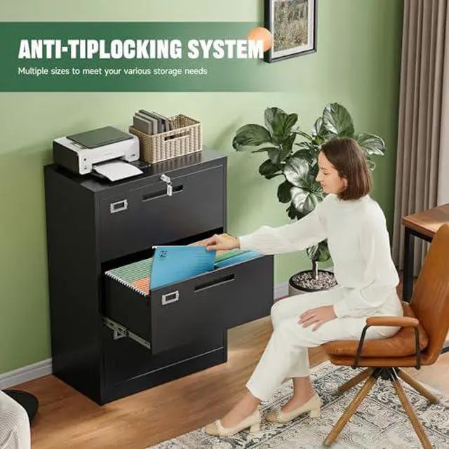 Alt view image 4 of 7 - 3 Drawer File Cabinets with Lock,Metal Lateral Filing Storage Cabinet Printer Stand,Black Steel Home Office Cabinet for Hanging Files Letter/Legal/A4 Size (Black, H39.84×W28.35×D15.74)