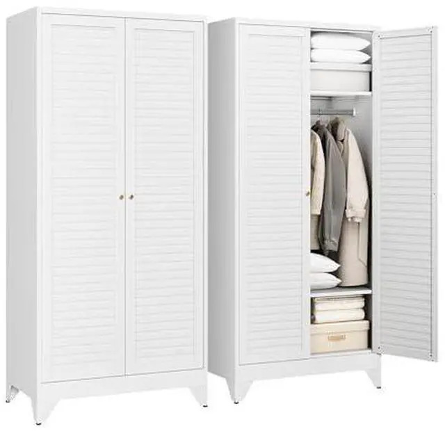 Main image of Armoire Wardrobe Closet,20" Deep Metal Wardrobe Cabinet with Doors and Shelves,Hanging Rod Clothing Storage Cabinets for Home Room (White)