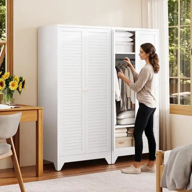 Alt view image 2 of 7 - Armoire Wardrobe Closet,20" Deep Metal Wardrobe Cabinet with Doors and Shelves,Hanging Rod Clothing Storage Cabinets for Home Room (White)