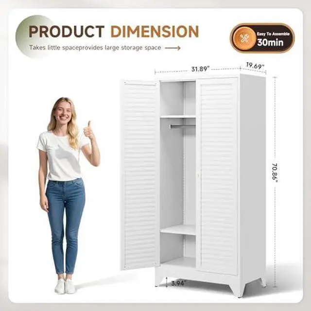 Alt view image 3 of 7 - Armoire Wardrobe Closet,20" Deep Metal Wardrobe Cabinet with Doors and Shelves,Hanging Rod Clothing Storage Cabinets for Home Room (White)