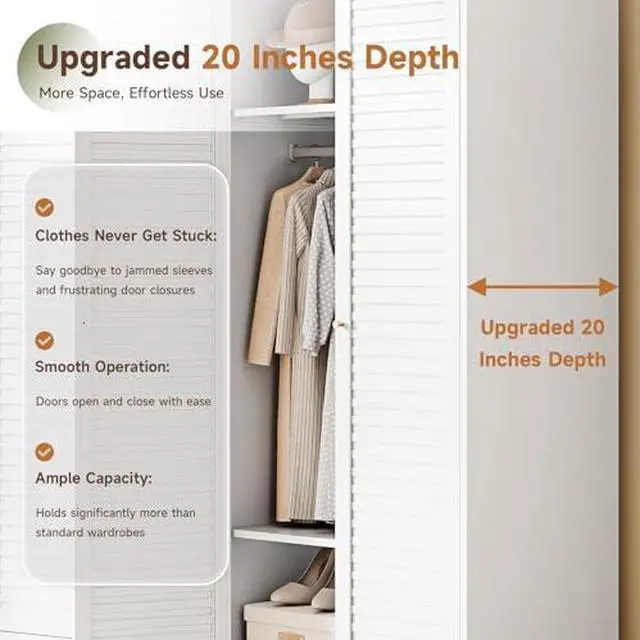 Alt view image 4 of 7 - Armoire Wardrobe Closet,20" Deep Metal Wardrobe Cabinet with Doors and Shelves,Hanging Rod Clothing Storage Cabinets for Home Room (White)
