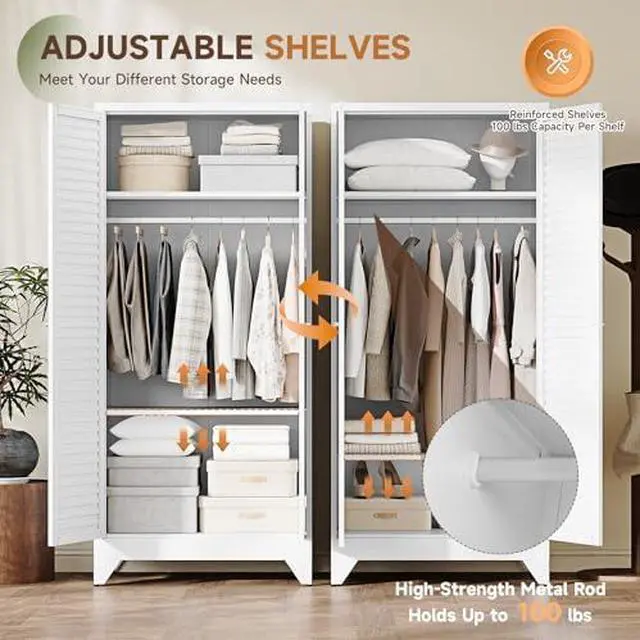 Alt view image 5 of 7 - Armoire Wardrobe Closet,20" Deep Metal Wardrobe Cabinet with Doors and Shelves,Hanging Rod Clothing Storage Cabinets for Home Room (White)