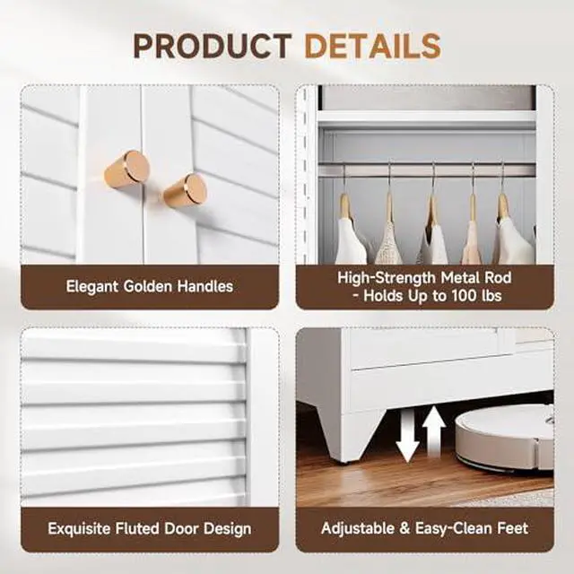 Alt view image 6 of 7 - Armoire Wardrobe Closet,20" Deep Metal Wardrobe Cabinet with Doors and Shelves,Hanging Rod Clothing Storage Cabinets for Home Room (White)