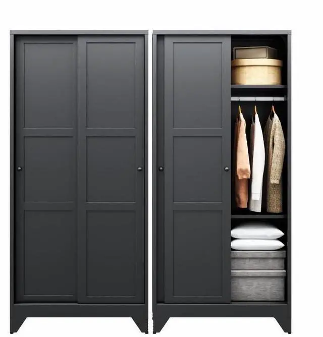 Main image of Armoire Wardrobe Closet,20" Deep Armoire Wardrobe Cabinets with Sliding Doors and Shelves,Narrow Slim Coat Closet Cabinet with Hanging Rod for Home(Black)