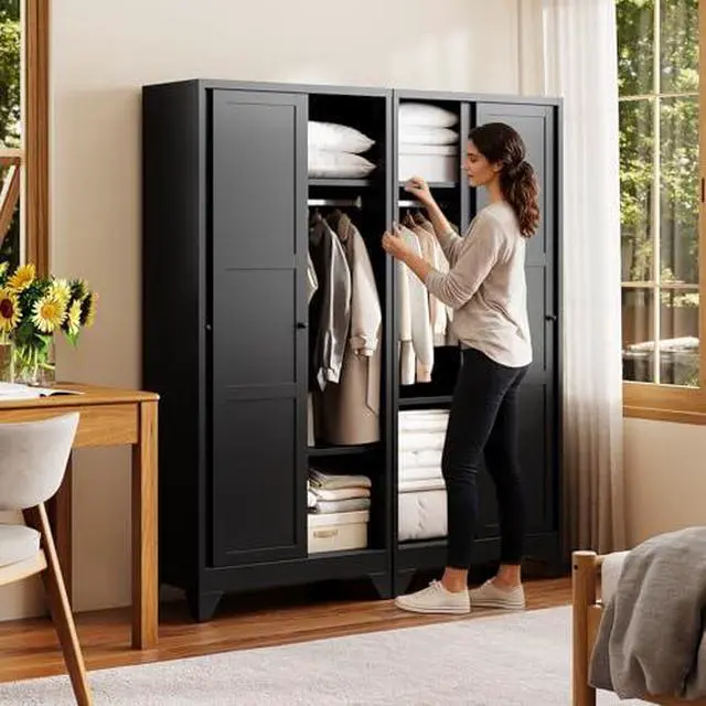 Alt view image 2 of 7 - Armoire Wardrobe Closet,20" Deep Armoire Wardrobe Cabinets with Sliding Doors and Shelves,Narrow Slim Coat Closet Cabinet with Hanging Rod for Home(Black)
