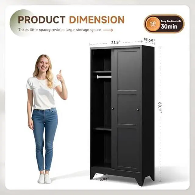 Alt view image 3 of 7 - Armoire Wardrobe Closet,20" Deep Armoire Wardrobe Cabinets with Sliding Doors and Shelves,Narrow Slim Coat Closet Cabinet with Hanging Rod for Home(Black)