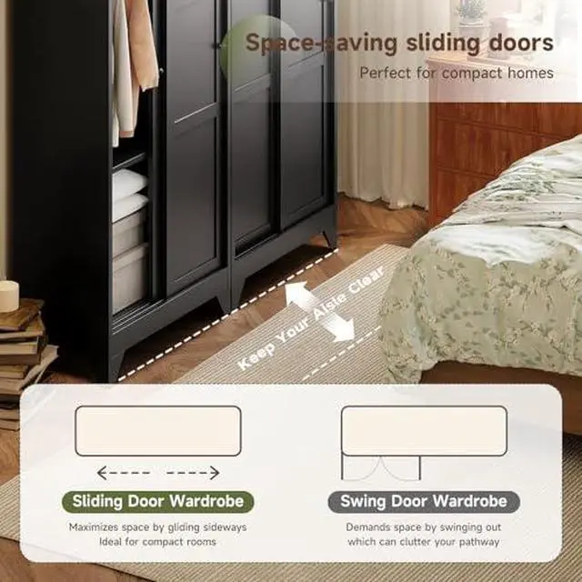 Alt view image 4 of 7 - Armoire Wardrobe Closet,20" Deep Armoire Wardrobe Cabinets with Sliding Doors and Shelves,Narrow Slim Coat Closet Cabinet with Hanging Rod for Home(Black)